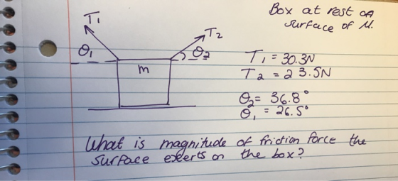 Box at rest A surface of M. Tz Froll T= 30.30 Ta=23.5N - 36.8° = 26.5° o force the What is surface magnitude of friction expe