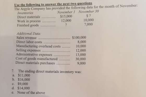Use the following to answer the next two questions The Argyle Company has provided the following data for the month of Novemb