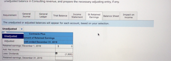 unadjusted balance in Consulting revenue, and prepare the necessary adjusting entry, if any. Requirement General Journal Gene