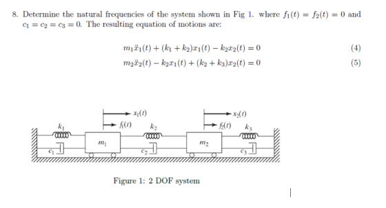 8. Determine the natural frequencies of the system shown in Fig 1, where fi (t) = falt) = 0 and 1c 0. The resulting equation