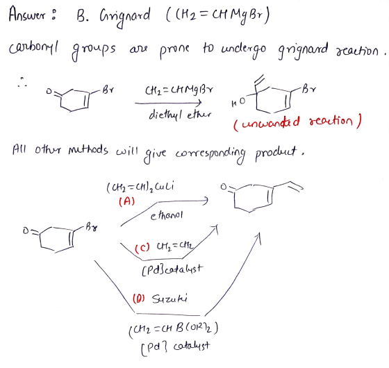 Answer: B. Grignard carbonyl groups (CH2 = CH Mg Br) prone to undergo grignard reaction. groups are Br CH₂=CHMgbr Br diethyl