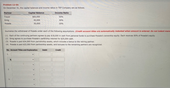 Problem 12-5A On December 31, the capital balances and income ratios in TEP Company are as follows. Partner Trayer Emig Posad