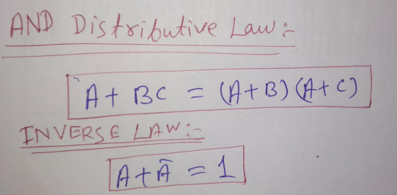 AND Distributive Law & TA+ BC = (A+B) (A + c)] INVERSE LAW TATÃ = 1