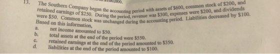 The Southern Company began the accounting period with assets of $600, common stock of $200, and were $50. Common stock was un