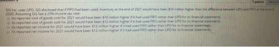 1 points Save Ans GG Inc. uses LIFO. GG disclosed that if FIFO had been used, inventory at the end of 2021 would have been S1
