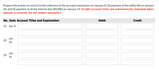 Prepare the entries to record (1) the collection of the accrued commission on January 8, (2) payment of the utility bill on J