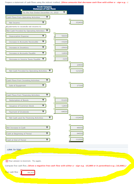 Prepare a sa n of cash flowing the indirect method. (Show amounts that decrease cash flow with vither a sig . Statement of Ca