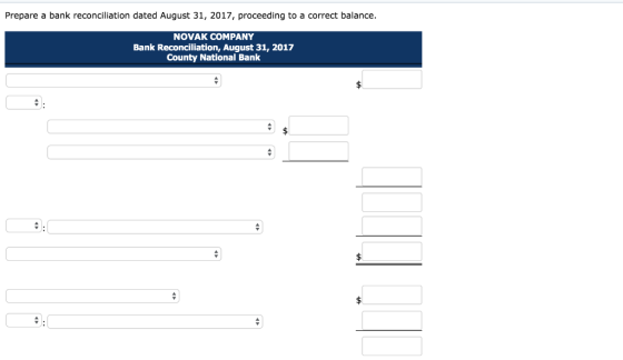 Prepare a bank reconciliation dated August 31, 2017, proceeding to a correct balance. NOVAK COMPANY Bank Reconciliation, Augu