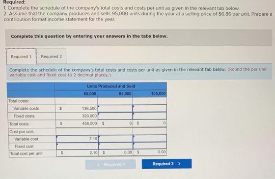 Required: 1. Complete the schedule of the companys total costs and costs per unit as given in the relevant tab below. 2. Ass