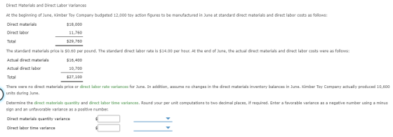 Direct Materials and Direct Labor Variances At the beginning of June, Kimber Toy Company budgeted 12,000 toy action figures t
