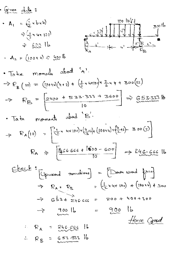 100 30016 T! = 2400 + 5 33.333 + 3600 653.333 lb 10 - Giren date : • A = Geben? turi) 1b · Az = (180x 4) = 405 16 Take moment