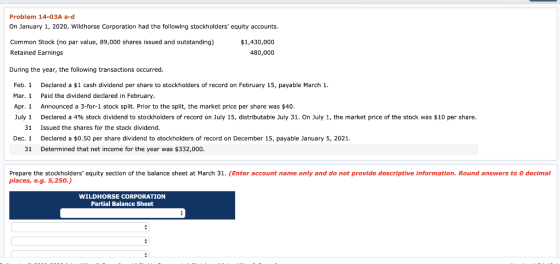 Problem 14-03A a-d On January 1, 2020, Wildhorse Corporation had the following stockholders equity accounts. Common Stock (n