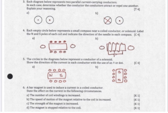 3. Each diagram below represents two parallel current-carrying conductors. In each case, determine whether the conductor the