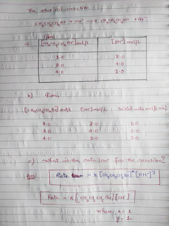 The chemical reaction. I an oli oleh CH CH CH BS + OH CH CH CHOH + Br a) o Giren on est [MCH₂ CH₂ Br Imol/ [OH-] molle au To