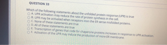 QUESTION 33 Which of the following statements about the unfolded protein response (UPR) is true A. UPR activation may reduce