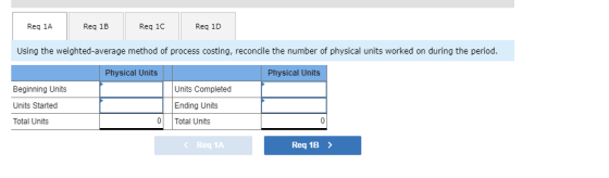 Reg 1A Reg 1B Req 1C Reg 1D Using the weighted average method of process costing, reconcile the number of physical units work