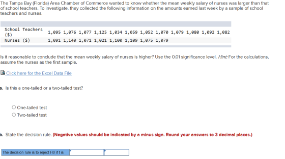 The Tampa Bay (Florida) Area Chamber of Commerce wanted to know whether the mean weekly salary of nurses was larger than that