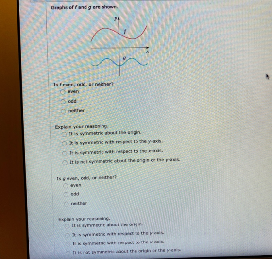 Graphs of fand g are shown. AK Is feven, odd, or neither? even odd neither Explain your reasoning. It is symmetric about the
