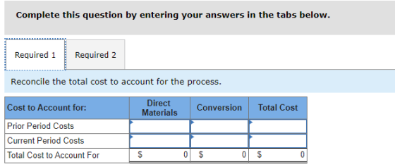 Complete this question by entering your answers in the tabs below. Required 1 Required 2 Reconcile the total cost to account