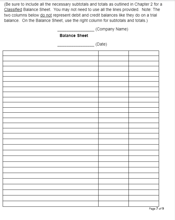 (Be sure to include all the necessary subtotals and totals as outlined in Chapter 2 for a Classified Balance Sheet. You may n