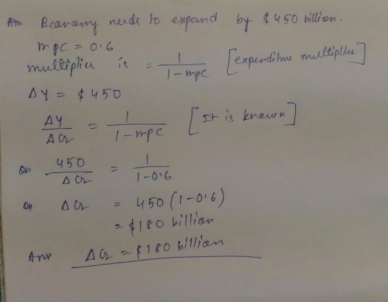 expand Am Ecarcary need to expand by $450 billion. mpc = 0.6 multiplier is = 1 [expenditus multipler] DY = $450 1-mpc y л и o