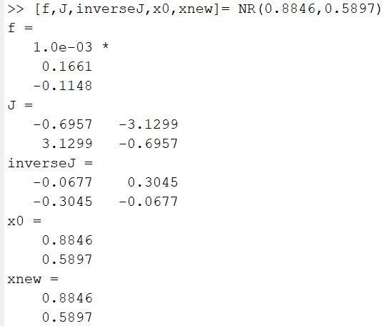 >> [f,J, inverseJ, x0, xnew]= NR (0.8846,0.5897) f = 1.0e-03 * 0.1661 -0.1148 = -3.1299 -0.6957 -0.6957 3.1299 inverseJ -0.06