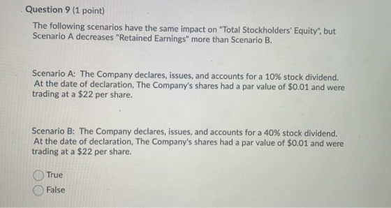 Question 9 (1 point) The following scenarios have the same impact on Total Stockholders Equity, but Scenario A decreases