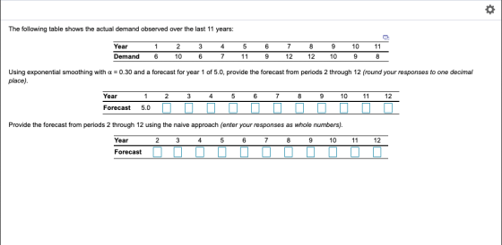 The following table shows the actual demand observed over the last 11 years: Year 3 4 6 8 9 10 11 1 2 7 Demand 10 6 11 9 12 1
