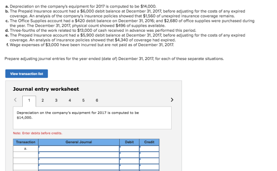 a. Depreciation on the companys equipment for 2017 is computed to be $14,000. b. The Prepaid Insurance account had a $6,000