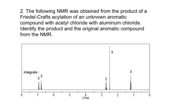 2. The following NMR was obtained from the product of a Friedel-Crafts acylation of an unknown aromatic compound with acetyl