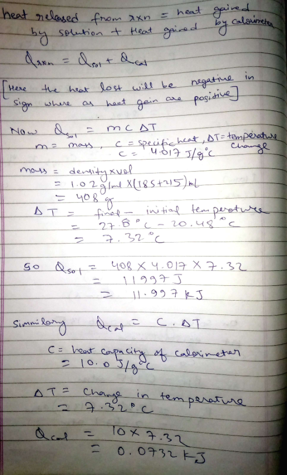 heat released from xxn = heat by solution & Heat gained by calorimeter daon = drott dar Here the heat lost will be negative s
