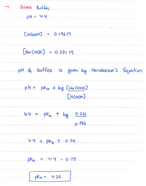 Given Buffer pH = 4.4 Chcool] - 0.196 M (Na CHOD] = 0.271 M pH of buffer is given by Hendersons Equation pH = pka + log [Na