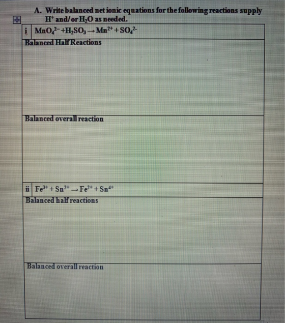 A. Write balanced net ionic equations for the following reactions supply Ht and/or H20 as needed. Mn0,2- +H2SO, Mn2+ + SO2 Ba