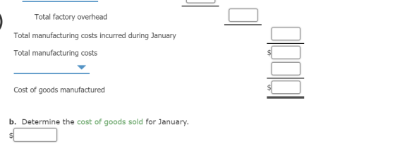 Total factory overhead Total manufacturing costs incurred during January Total manufacturing costs Cost of goods manufactured b. Determin e the cost of goods sold for January.
