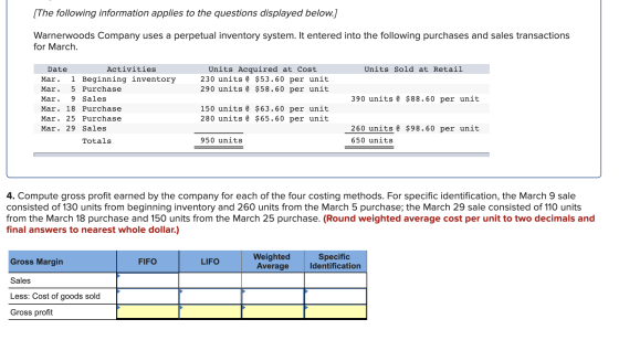 [The following information applies to the questions displayed below.] Warnerwoods Company uses a perpetual inventory system.