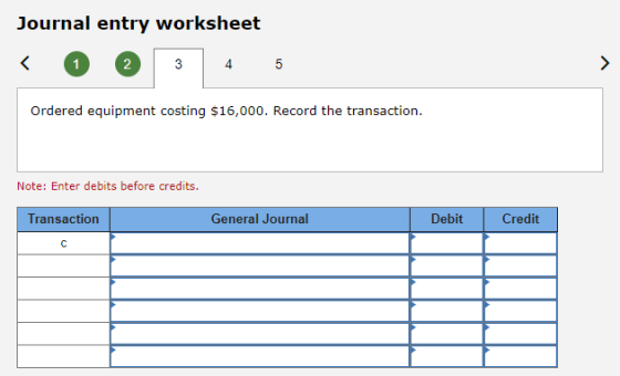 Journal entry worksheet < 1 2 3 4 5 5 > Ordered equipment costing $16,000. Record the transaction. Note: Enter debits before