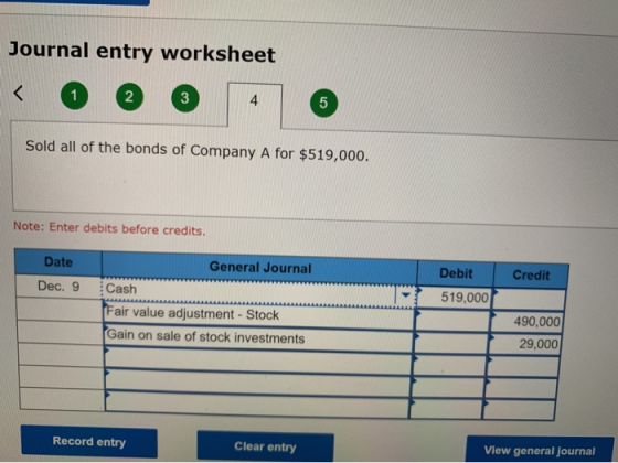 Journal entry worksheet < o @ + 6 Sold all of the bonds of Company A for $519,000. Note: Enter debits before credits. Credit