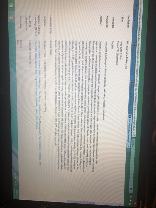 1557-7740 (Electronic) Language: Keywords: Distress Hope, Outpatients, Pain Oncology Spiritualty, Well Being PsycINFO Classification: