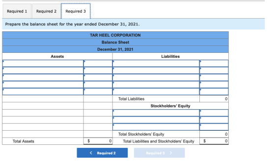 Required 1 Required 2 Required 3 Prepare the balance sheet for the year ended December 31, 2021. TAR HEEL CORPORATION Balance
