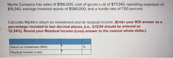 Myrtle Company has sales of $186,000, cost of goods sold of $77,340, operating expenses of $19,340, average invested assets o