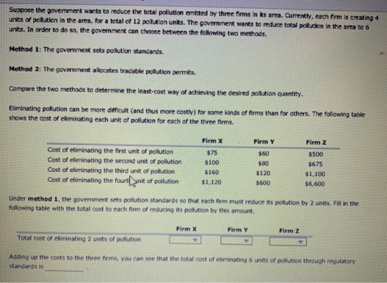 Suppose the government wants to reduce the total pollution emitted by three firms In Rs brea. Currently, each firm is creatin