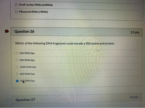 O Small nuclear RNAs (SRNAs) O Ribosomal RNAs (rRNAs) Question 26 2.5 pts Which of the following DNA fragments could encode a