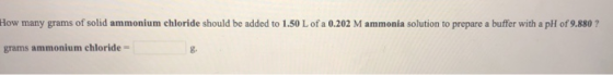 How many grams of solid ammonium chloride should be added to 1.50 L of a 0.202 M ammonia solution to prepare a buffer with a