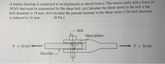 A tractor drawbar is connected to an implement as shown below. The tractor pulls with a force of 50 kN that must be transmitt