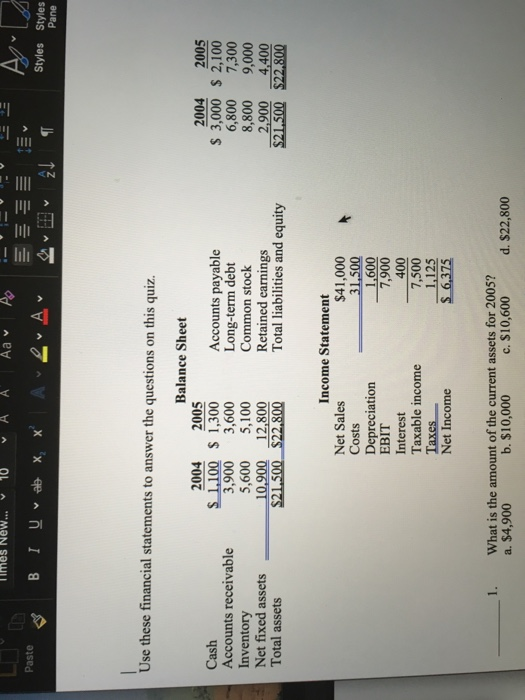 Times New 10 Paste Styles Styles Pane Use these financial statements to answer the questions on this quiz. Balance Sheet Cash Accounts receivable Inventory Net fixed assets Total assets 2004 2005 S 1100 1,300 3,900 3,600 5,600 5,100 12,800 Accounts payable Long-term debt Common stock Retained earnings Total liabilities and equity 2004 2005 S 3,000 S 2,100 6,800 7,300 8,800 9,000 2,900 4,400 10,900 Income Statement $41,000 Net Sales Costs Depreciation EBIT Interest Taxable income 7,900 400 7,500 Net Income 1. What is the amount of the current assets for 2005? 0 a. $4,900 b. $10,000 c. S10,600 d. $22,800