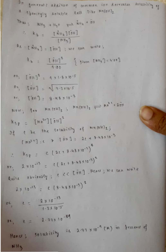 solubility on general; addition of common ion decreases a sparingly soluble salt like Mn(OH)₂ Thus; NHQ + Hoo NHU A OH kg =