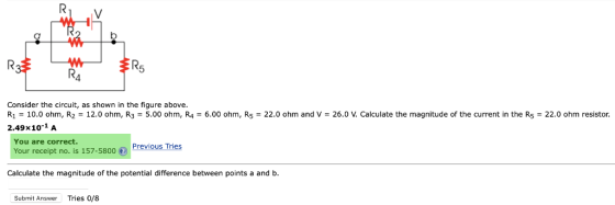 R5 4 Consider the circuit, as shown in the figure above. R1 = 10.0 ohm, R2 = 12.0 ohm, R3 = 5.00 ohm, R4 = 6.00 ohm, R5 = 22.