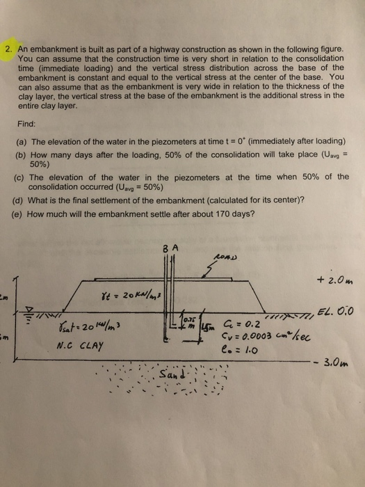 2. An embankment is built as part of a highway construction as shown in the following figure. You can assume that the constru