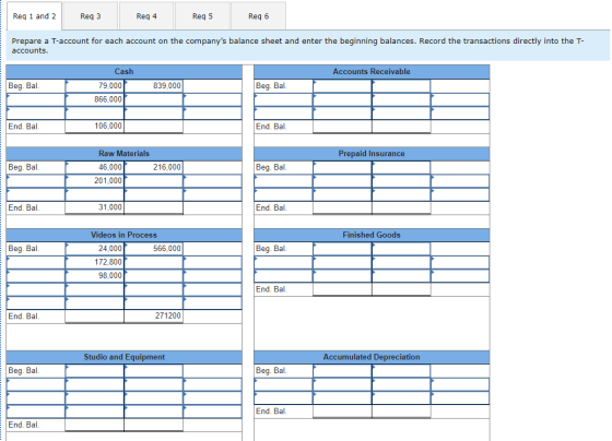 Reg 1 and 2 Reg 3 Reg 4 Reg 5 Reg 6 Prepare a T-account for each account on the companys balance sheet and enter the beginni