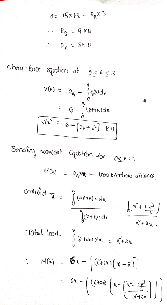 0= 15x18 – REX 3 .: RB = 9 KN RA= 6k N Shear force equation at Orke 3 VW) = RA - gaida = 6-cerada ven) = 6-(ou tub] KA Bendin